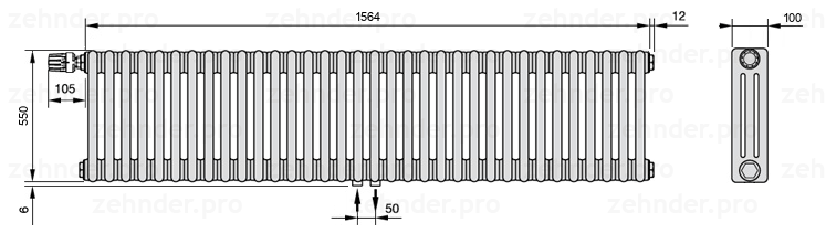 Схема (чертеж) Радиатор Zehnder Charleston 3055/34 №V007 Белый глянцевый RAL 9016